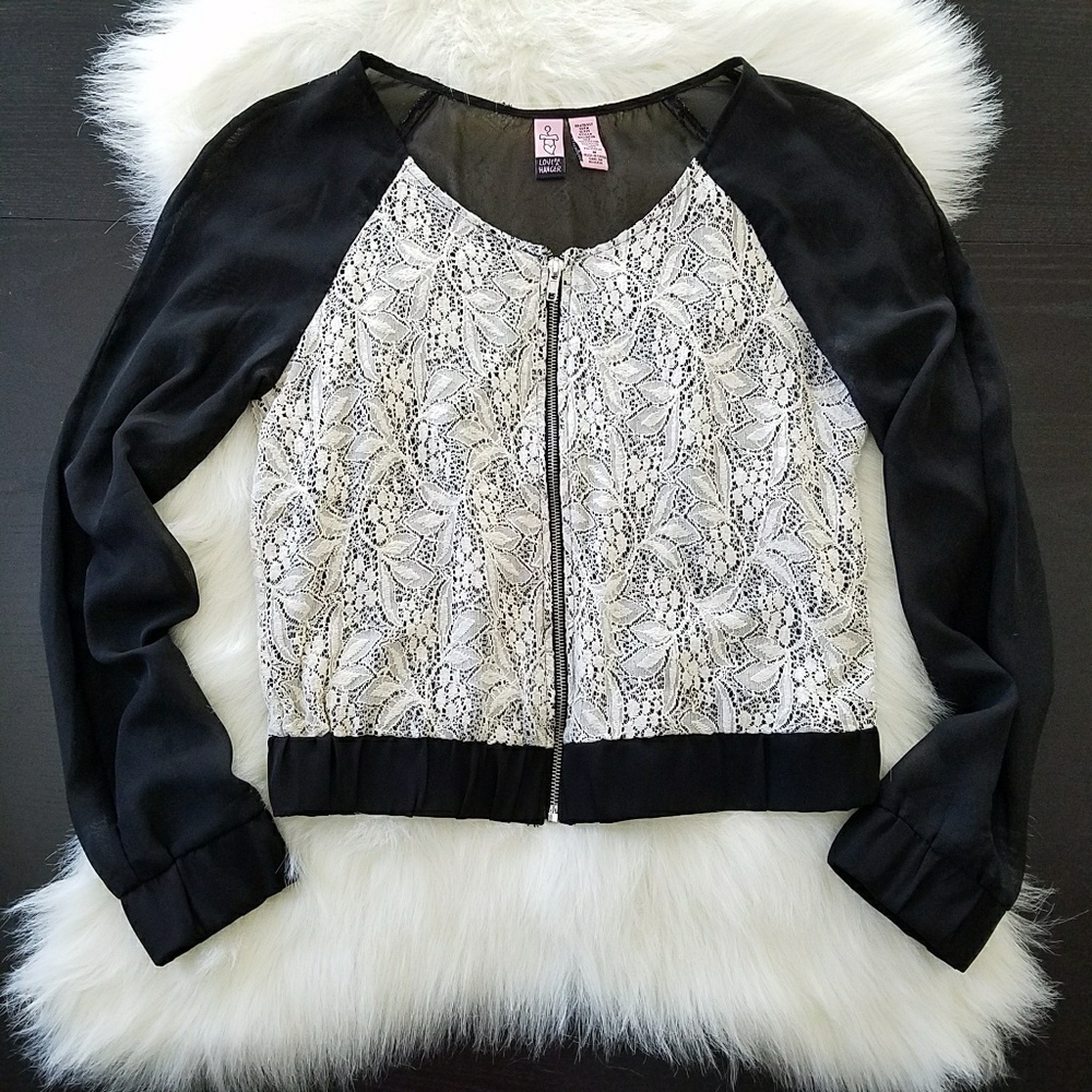 Bomber Jacket White Lace Body & Sheer Black Sleeve